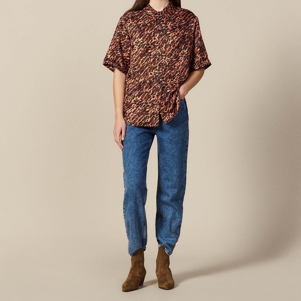 Sandro Paris | Evie Leopard Print Silk Short Sleeve Shirt | 2 (Medium) - Picture 6 of 12